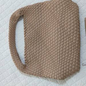 Woven vegan leather tote purse w pouch. New w/o tags. Tan.